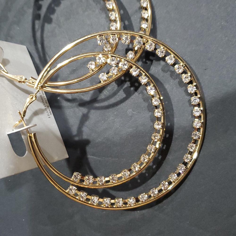 Natasha couture gold tone cz crystal rhinestone studded double hoop earrings new - Picture 7 of 10
